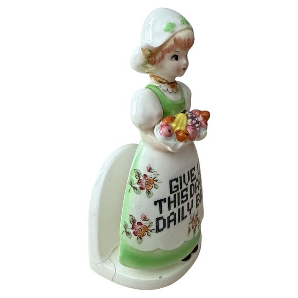 VTG Japan Porcelain Napkin Holder Girl Figurine Daily Bread Repaired - Picture 3 of 9